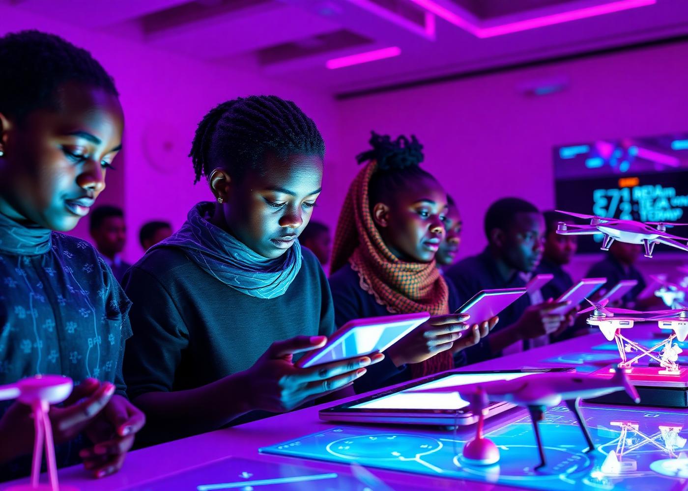 African students using AI tablets and drones